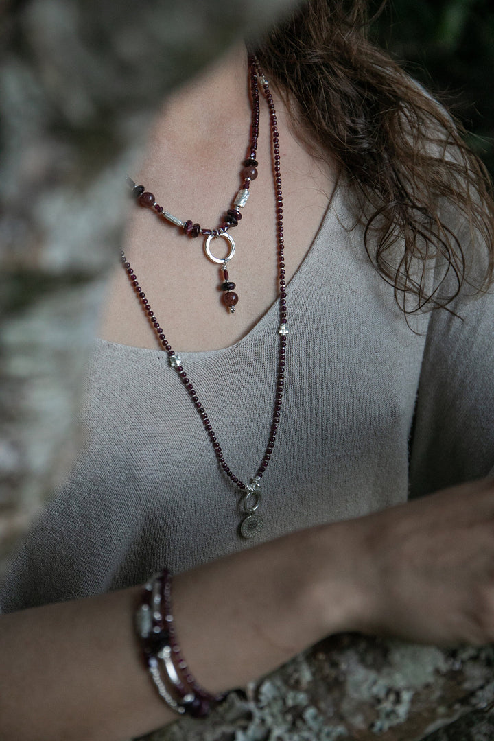 Beaded Garnet, Cherry Quartz and Thai Hill Tribe Silver Necklace