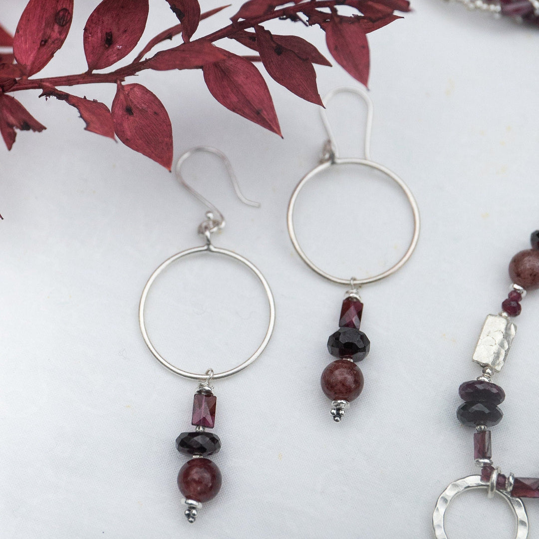 Beaded Garnet and Cherry Quartz Earrings with Thai Hill Tribe Silver