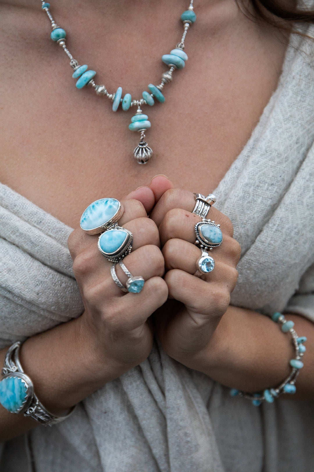 Larimar Necklace with Tribal Thai Hill Tribe Silver Pendant and Beads