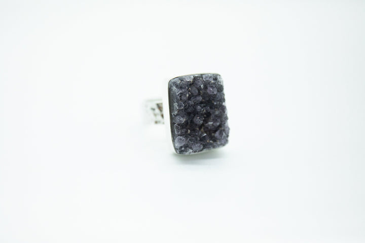 SALE - Raw Natural Black Druzy Square Ring set in Sterling Silver with Adjustable Style Band - Raw Gemstone Jewellery