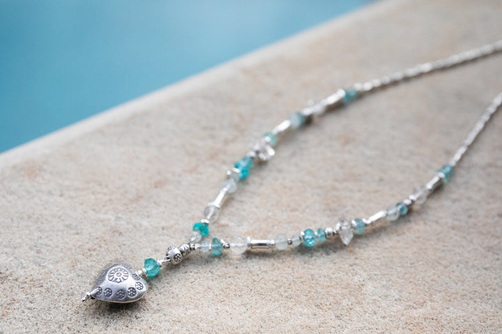 Apatite, Rainbow Moonstone, Herkimer Diamond + Thai Hill Tribe Silver Beaded Necklace with Heart Charm