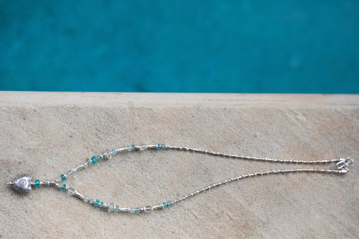 Apatite, Rainbow Moonstone, Herkimer Diamond + Thai Hill Tribe Silver Beaded Necklace with Heart Charm