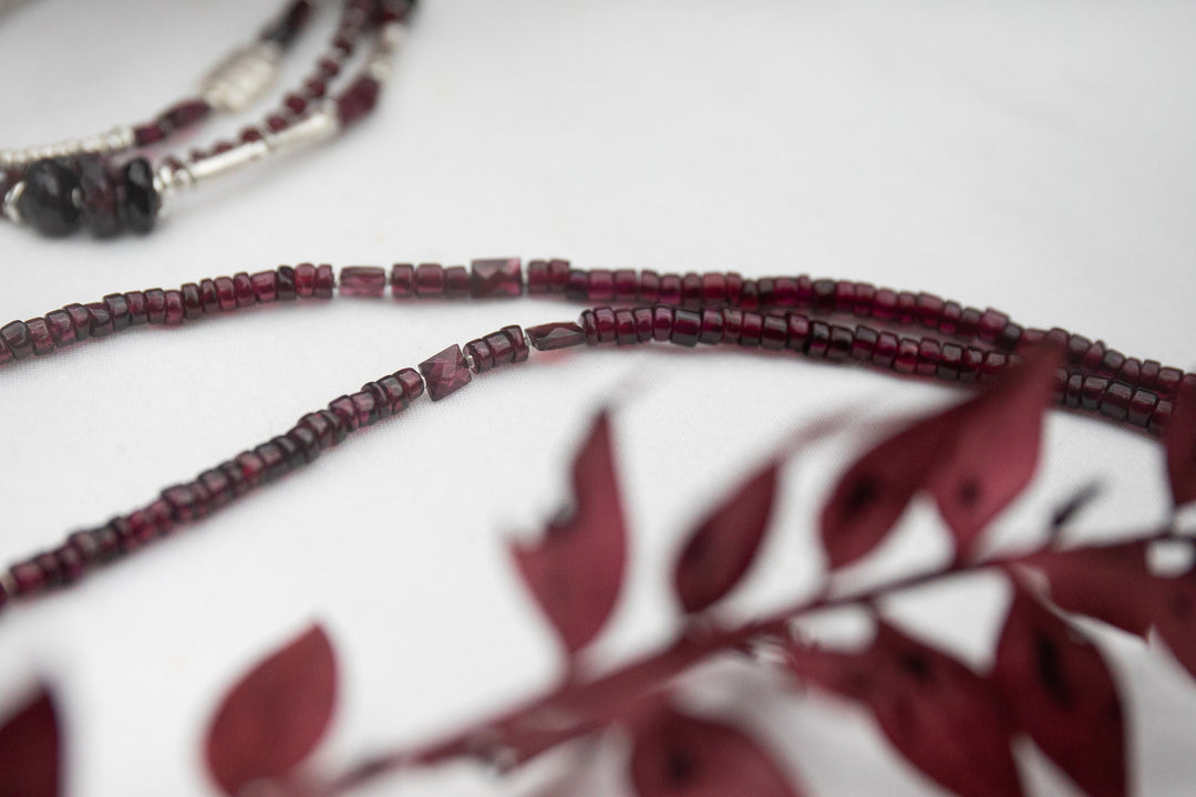 Beaded Garnet, Cherry Quartz and Thai Hill Tribe Silver Necklace