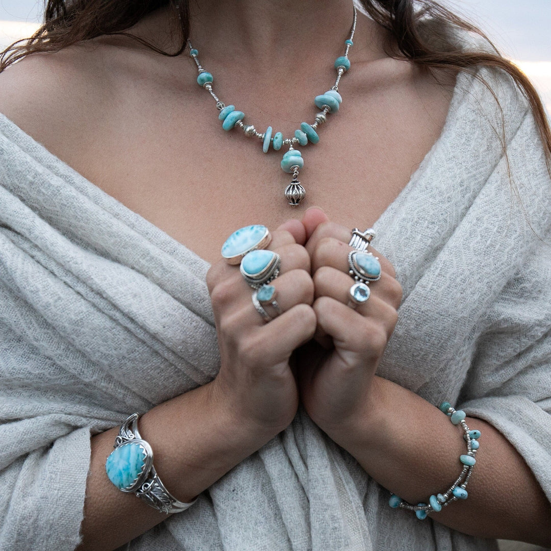 Larimar Necklace with Tribal Thai Hill Tribe Silver Pendant and Beads
