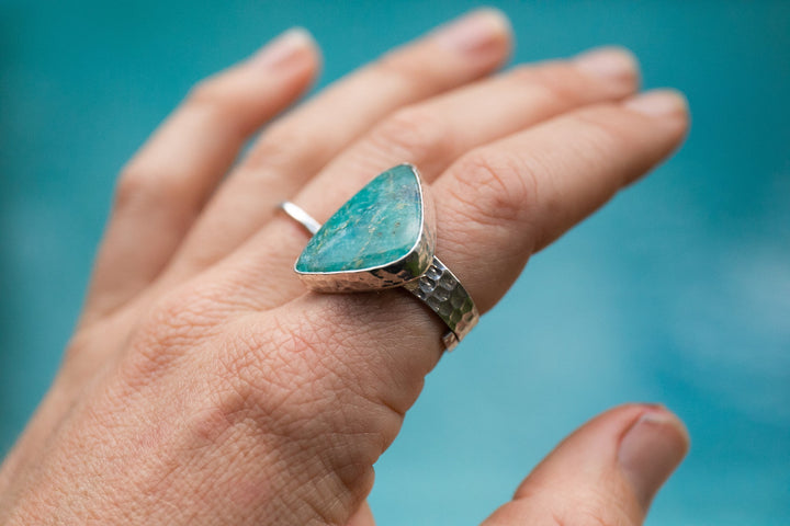Amazonite Ring in Beaten Sterling Silver Setting and Adjustable Band