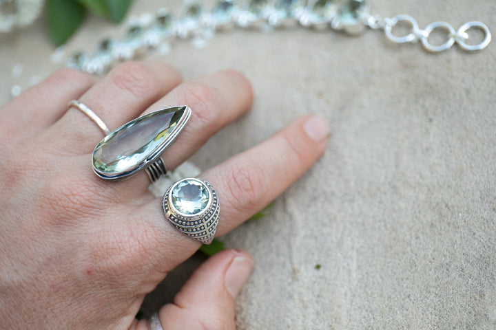 Faceted Green Amethyst (Prasiolite) Ring with Tribal Sterling Silver Setting - Size 9 US
