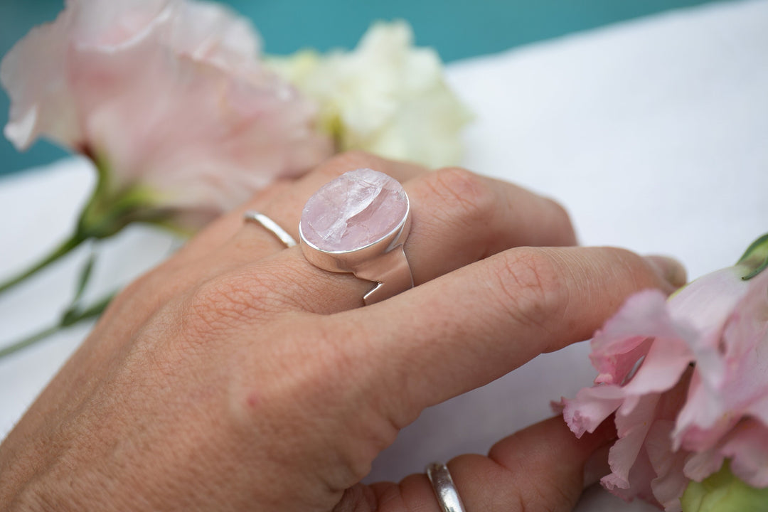 Gorgeous Raw Rose Quartz Ring in Unique Sterling Silver Setting - Size 8 US - Rose Quartz Jewellery