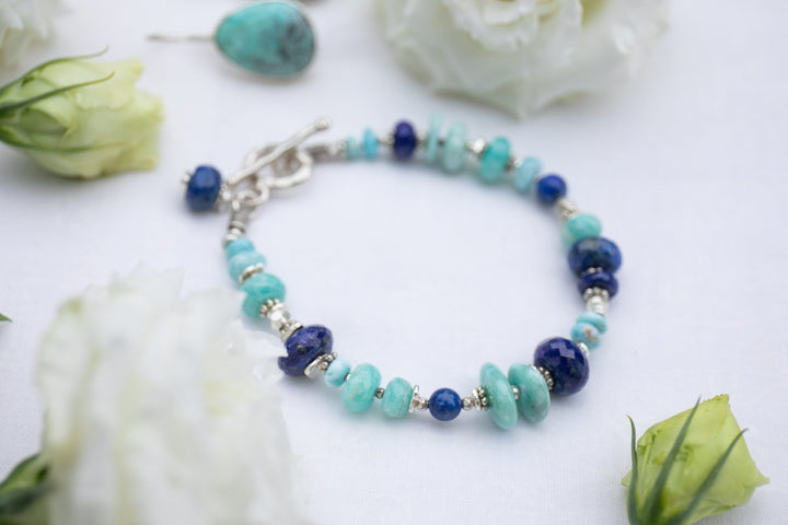 Larimar, Amazonite, Turquoise and Lapis Bracelet with Thai Hill Tribe Silver
