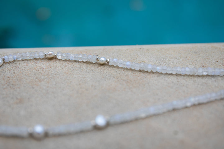 Freshwater Pearl, Rainbow Moonstone and Thai Hill Tribe Silver Choker Necklace