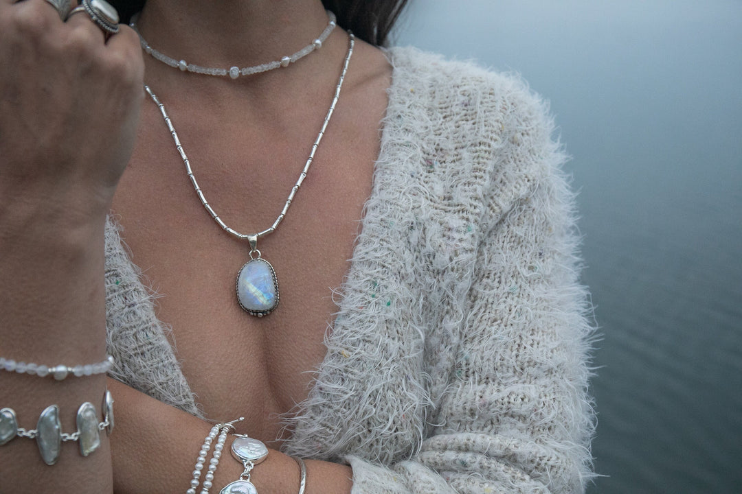 Freshwater Pearl, Rainbow Moonstone and Thai Hill Tribe Silver Choker Necklace