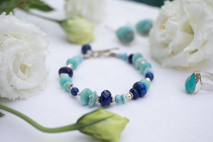 Larimar, Amazonite, Turquoise and Lapis Bracelet with Thai Hill Tribe Silver