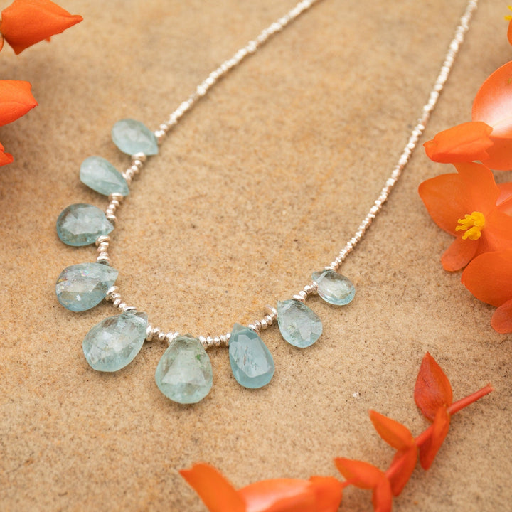Faceted Teardrop Aquamarine Necklace with Thai Hill Tribe Silver Beads