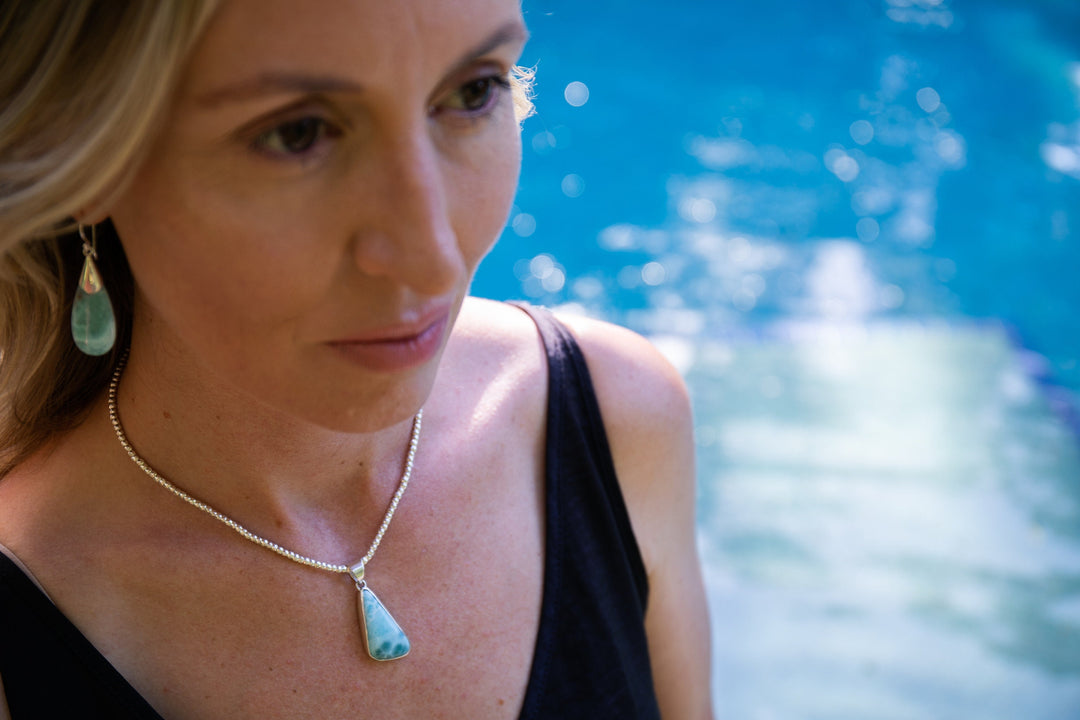 Genuine Larimar Pendant Edge set in Sterling Silver