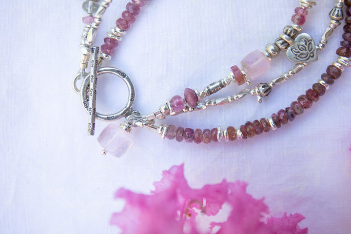 Rose Quartz and Pink Tourmaline with Thai Hill Tribe Silver Triple Strand Bracelet