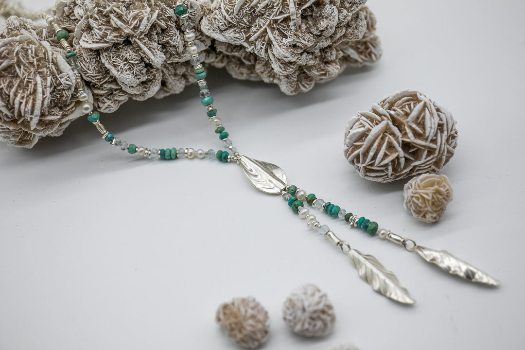 Aquamarine, Freshwater Pearl and Chrysocolla Necklace with Thai Hill Tribe Silver Leaves