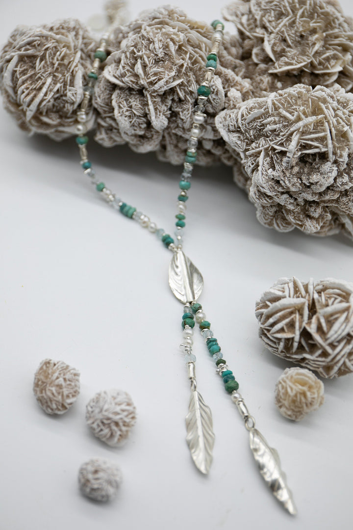 Aquamarine, Freshwater Pearl and Chrysocolla Necklace with Thai Hill Tribe Silver Leaves