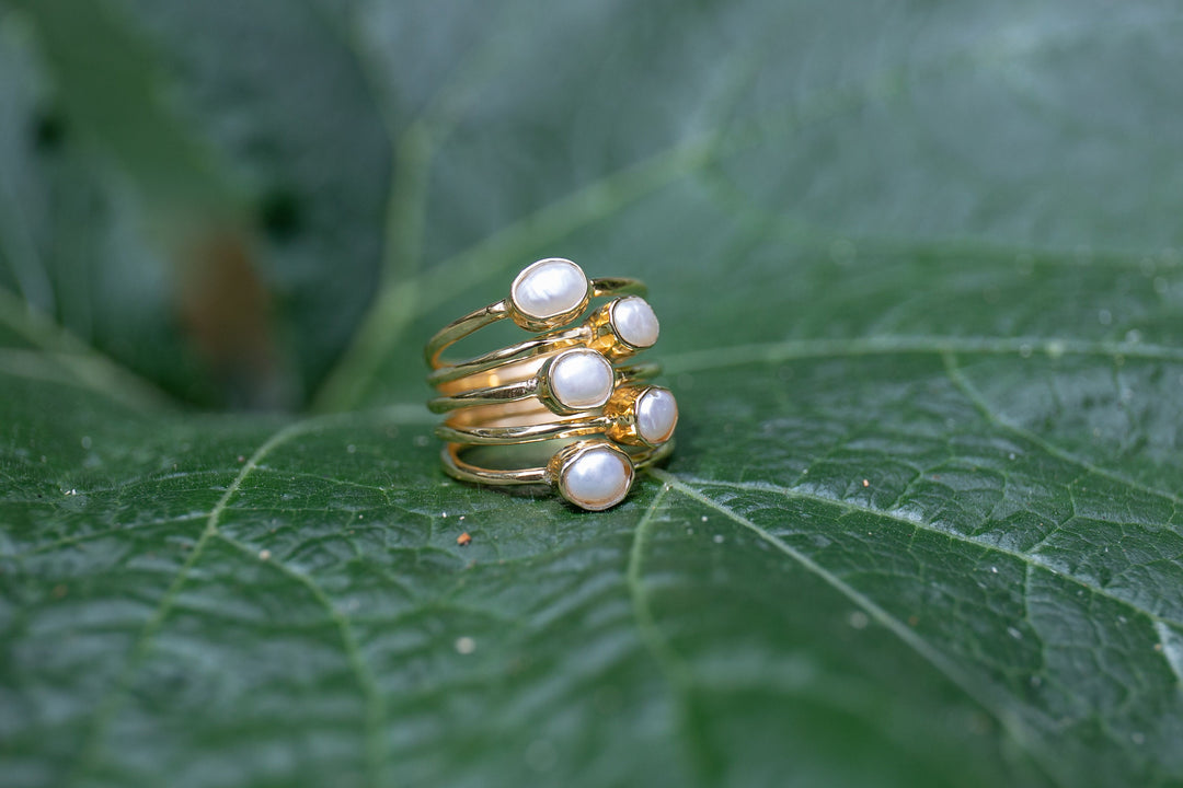 Multi Fresh Water Pearl Ring set in Gold Plated Sterling Silver - Size 7.5 US