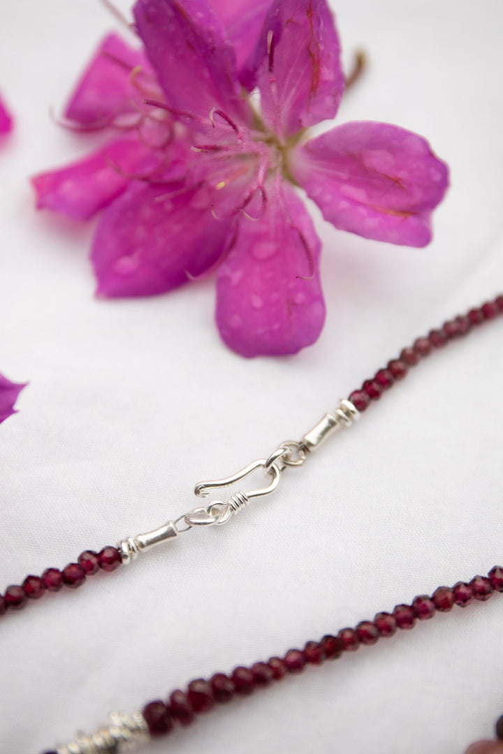 Garnet and Ruby Necklace with Thai Hill Tribe Silver Shell Pendant