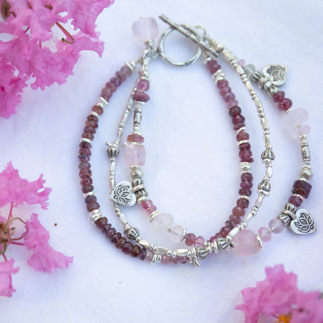Rose Quartz and Pink Tourmaline with Thai Hill Tribe Silver Triple Strand Bracelet