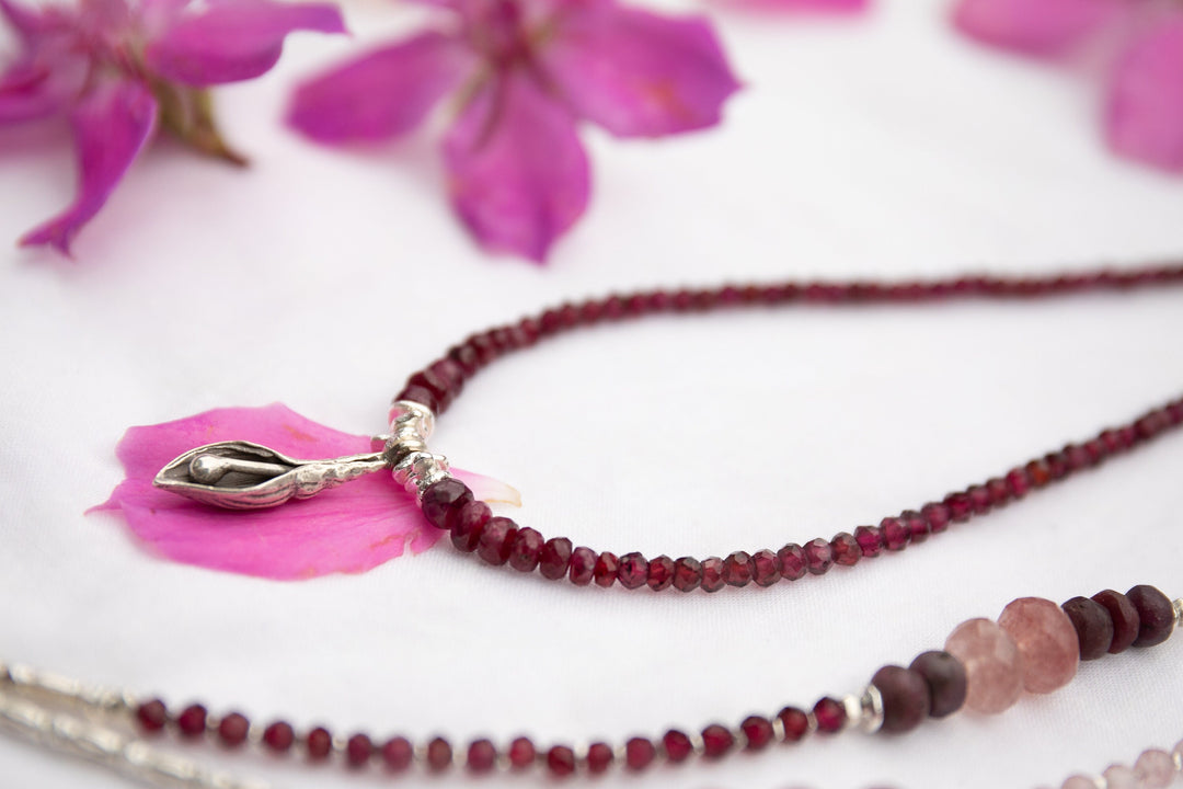 Garnet and Ruby Necklace with Thai Hill Tribe Silver Shell Pendant
