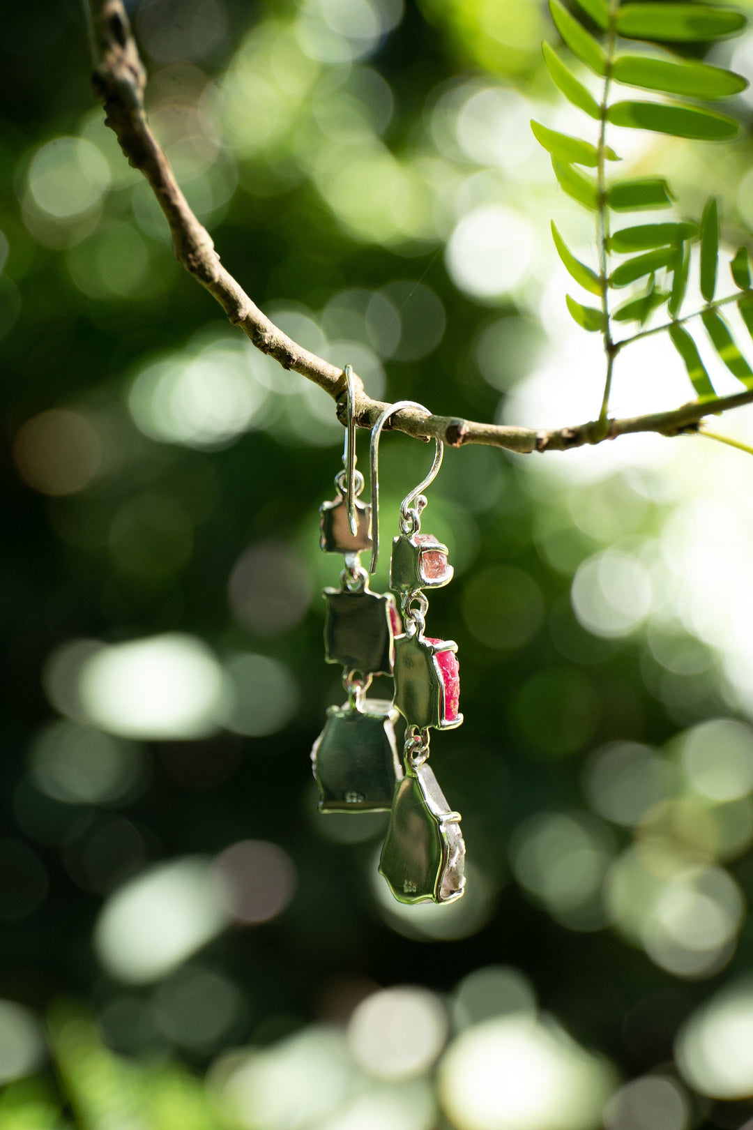 Raw Genuine Ruby, Tourmaline and Kunzite Earrings set in Sterling Silver