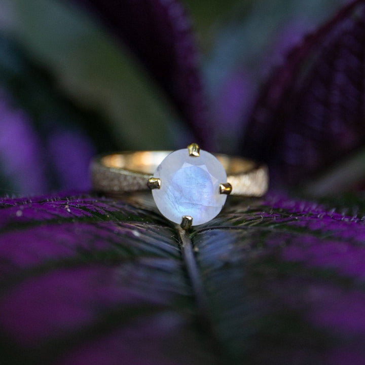 Rainbow Moonstone Ring Claw Set in Textured 14k Gold Plated Sterling Silver - Size 7 US