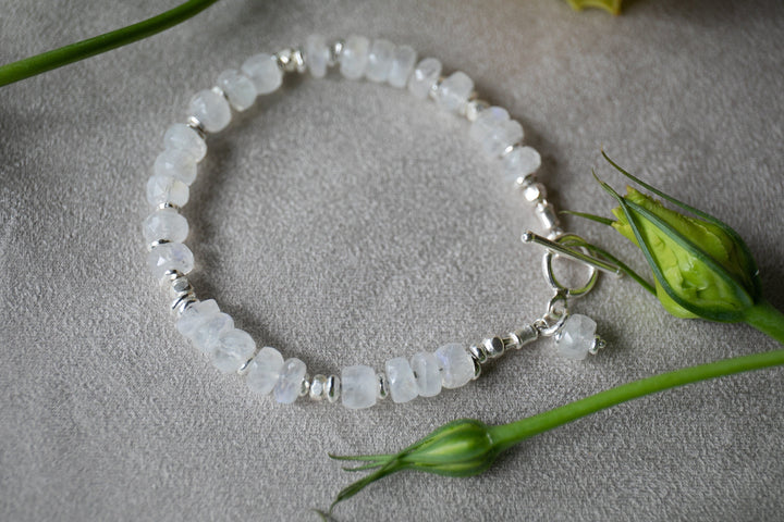 Beaded Faceted Rainbow Moonstone Bracelet with Thai Hill Tribe Silver