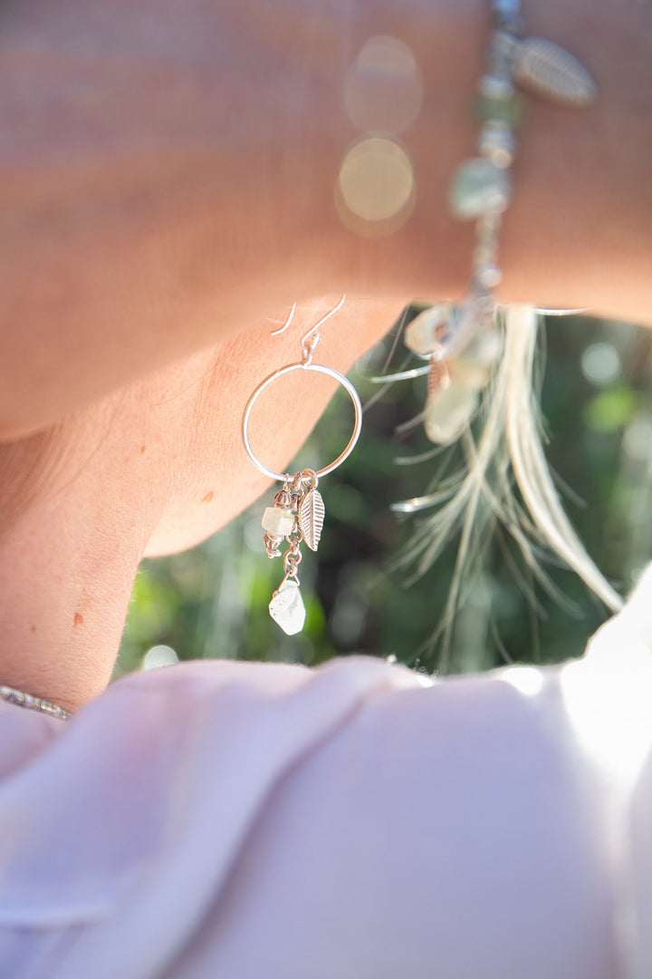 Green Aquamarine Earrings on Thai Hill Tribe Silver Circles with Leaf Charms