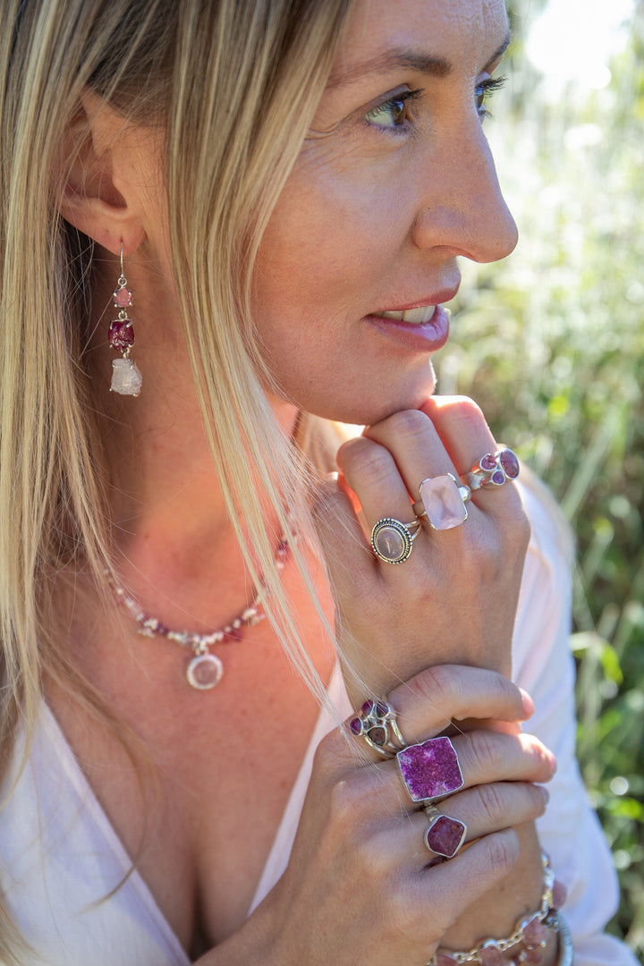 Raw Genuine Ruby, Tourmaline and Kunzite Earrings set in Sterling Silver