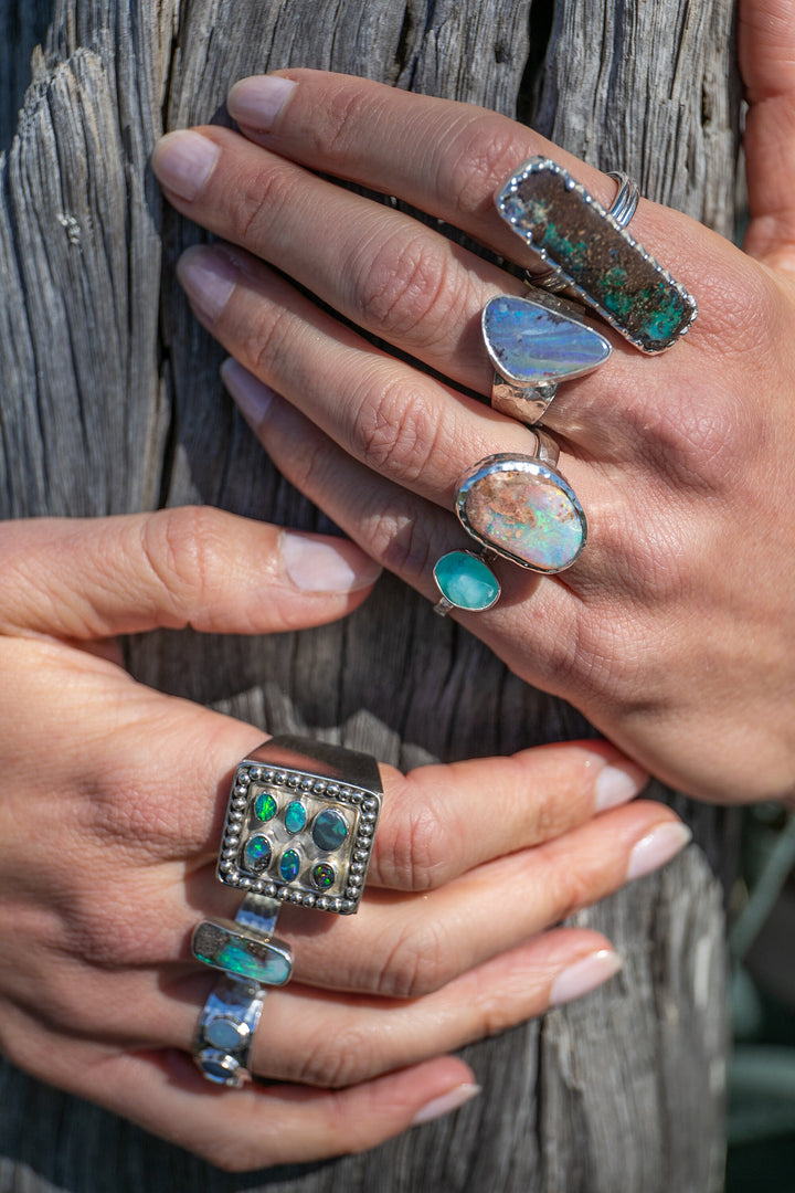 Australian Multi Blue Opal Ring set in Sterling Silver Band - Size 11 US