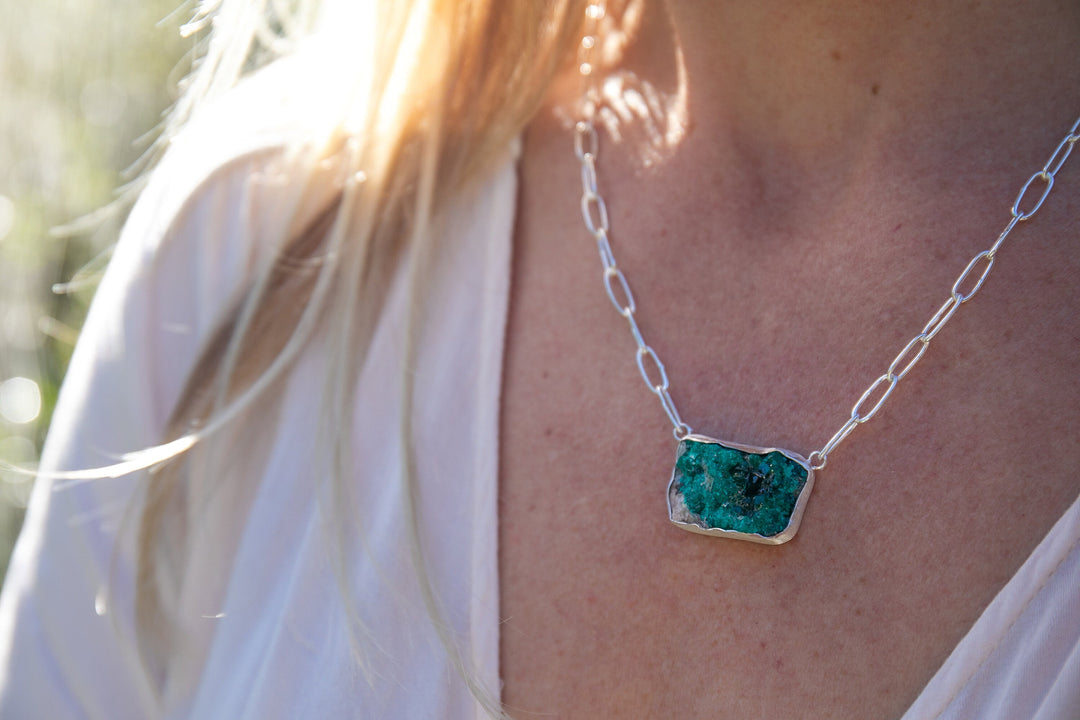 Raw Dioptase Pendant set in Brushed Sterling Silver on Link Chain