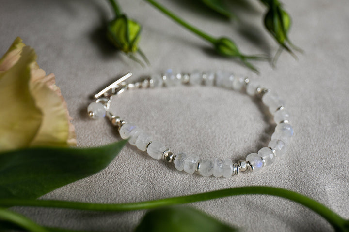 Beaded Faceted Rainbow Moonstone Bracelet with Thai Hill Tribe Silver