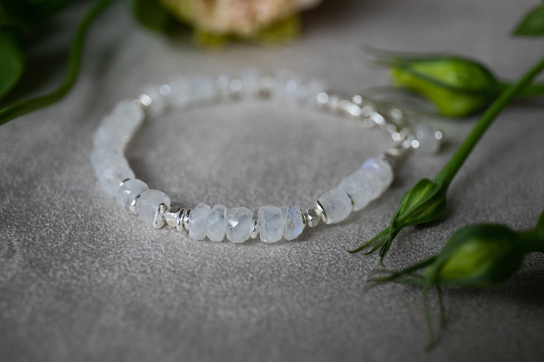 Beaded Faceted Rainbow Moonstone Bracelet with Thai Hill Tribe Silver