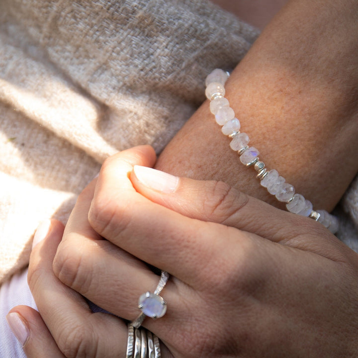 Beaded Faceted Rainbow Moonstone Bracelet with Thai Hill Tribe Silver