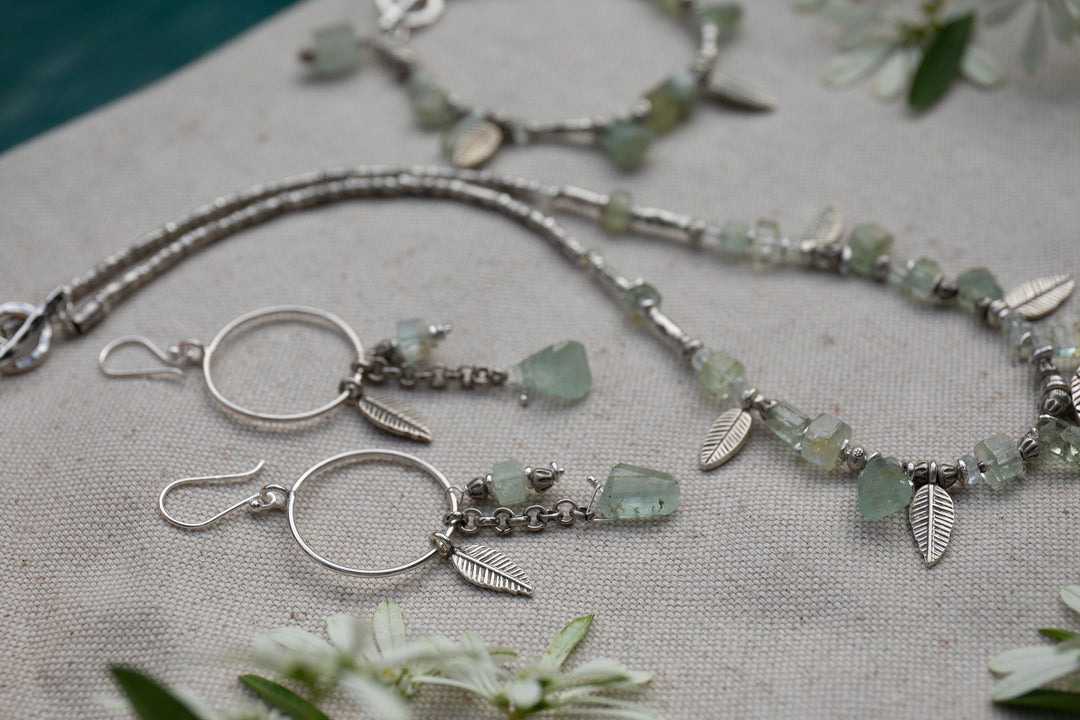 Green Aquamarine Earrings on Thai Hill Tribe Silver Circles with Leaf Charms