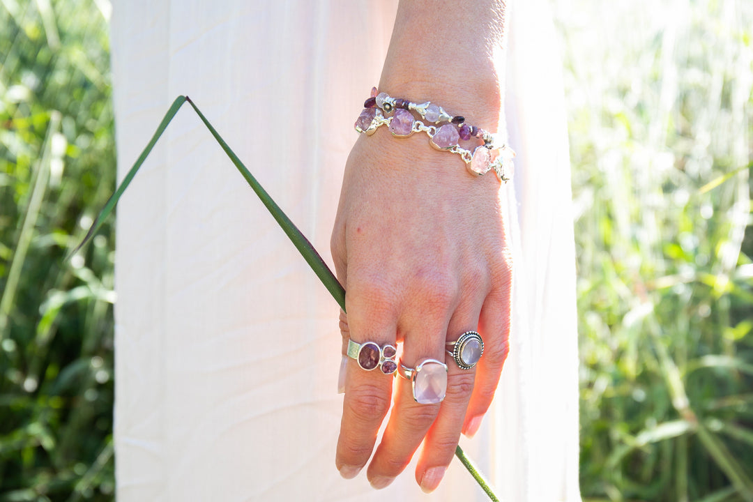 Rose Quartz, Ruby and Pink Tourmaline with Thai Hill Tribe Silver Beaded Bracelet
