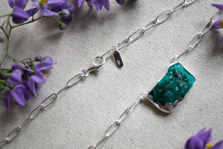 Raw Dioptase Pendant set in Brushed Sterling Silver on Link Chain