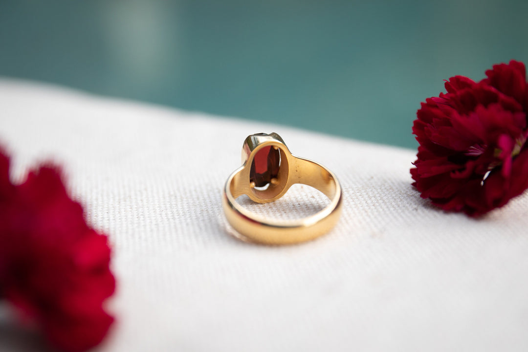 High Grade Faceted Garnet Ring set in 14k Gold Plated Sterling Silver Band - Size 8.5 US