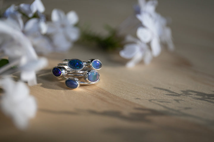 Australian Multi Blue Opal Ring set in Sterling Silver Band - Size 6 US