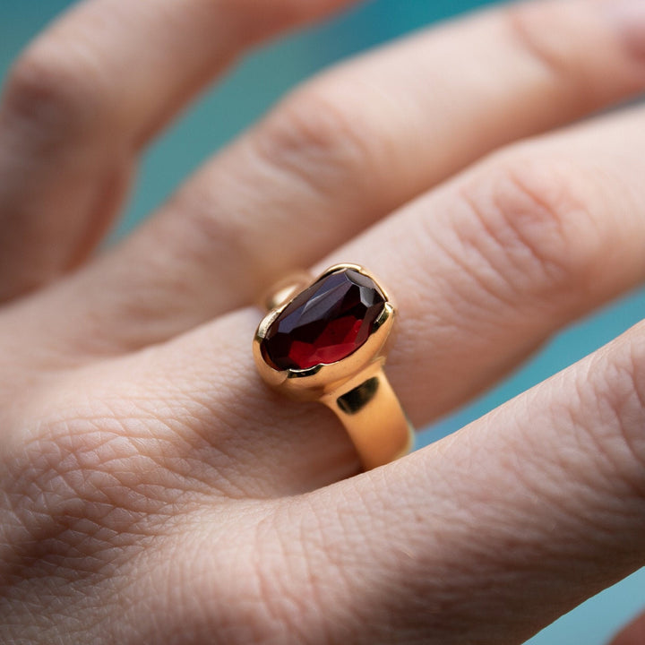 High Grade Faceted Garnet Ring set in 14k Gold Plated Sterling Silver Band - Size 8.5 US