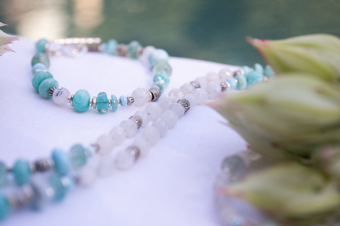 Larimar, Fluorite and Rainbow Moonstone Mala Necklace with Thai Hill Tribe Silver