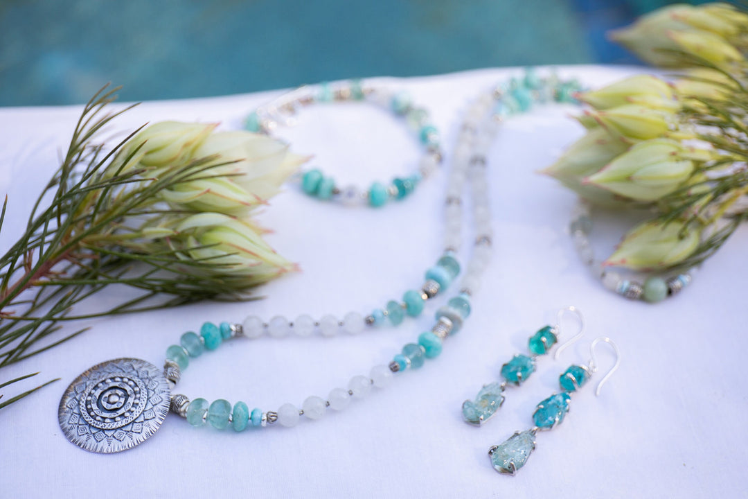 Larimar, Fluorite and Rainbow Moonstone Mala Necklace with Thai Hill Tribe Silver