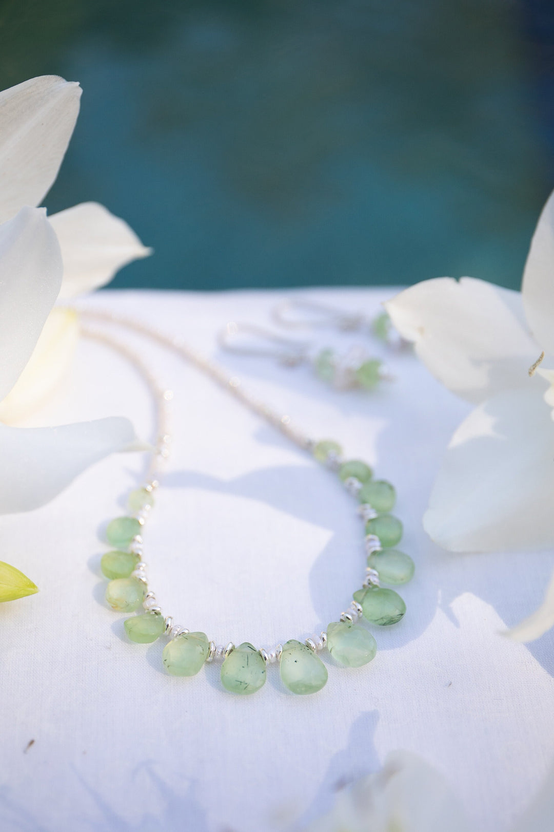Prehnite Briolette and Seed Pearl Necklace with Thai Hill Tribe Silver