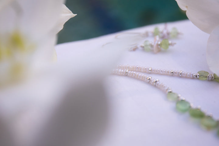 Prehnite Briolette and Seed Pearl Necklace with Thai Hill Tribe Silver