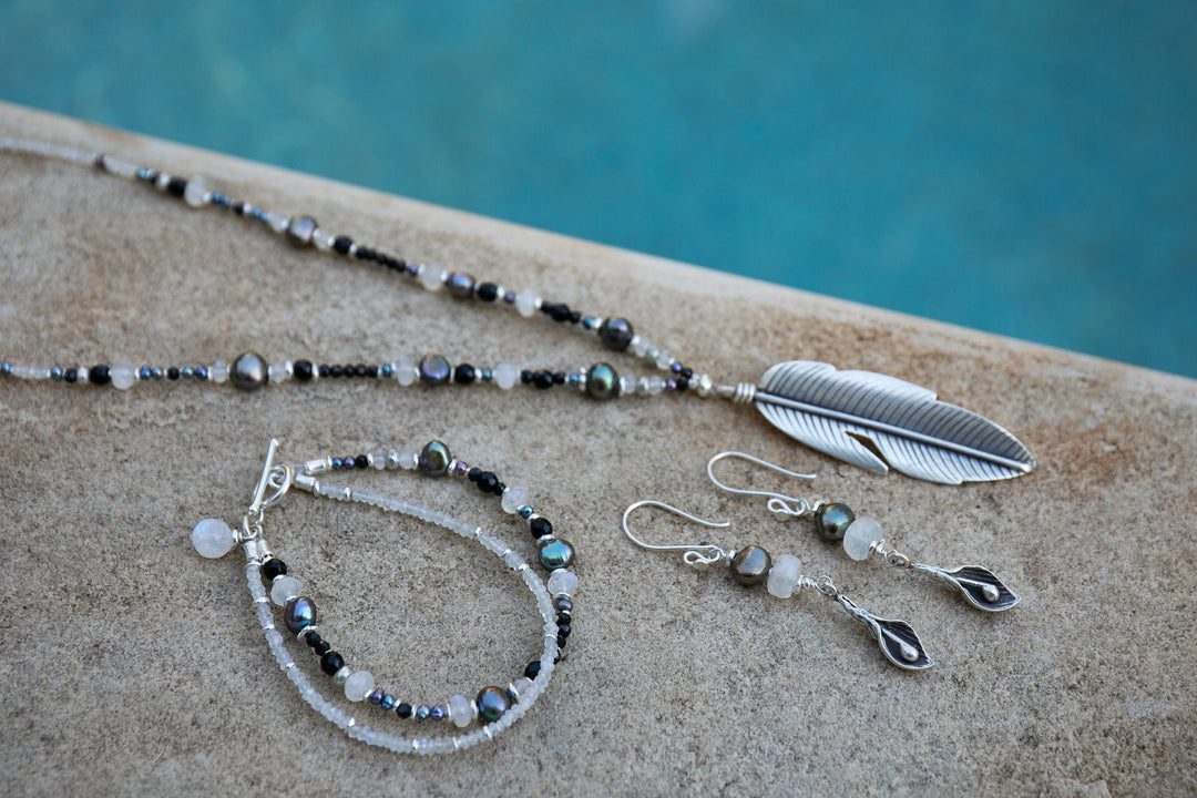 Black Freshwater Pearl and Rainbow Moonstone Earrings with Thai Hill Tribe Silver Shell Charms