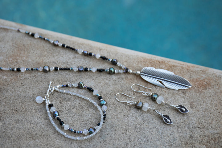 Black Freshwater Pearl and Rainbow Moonstone Earrings with Thai Hill Tribe Silver Shell Charms