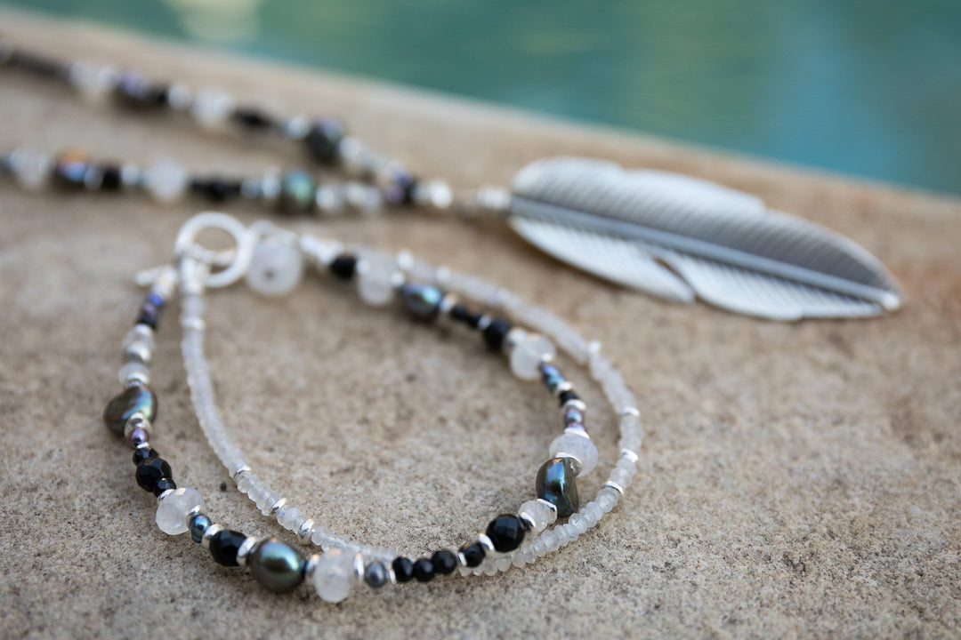 Beaded Black Freshwater Pearl and Rainbow Moonstone with Thai Hill Tribe Silver Necklace with Leaf Pendant