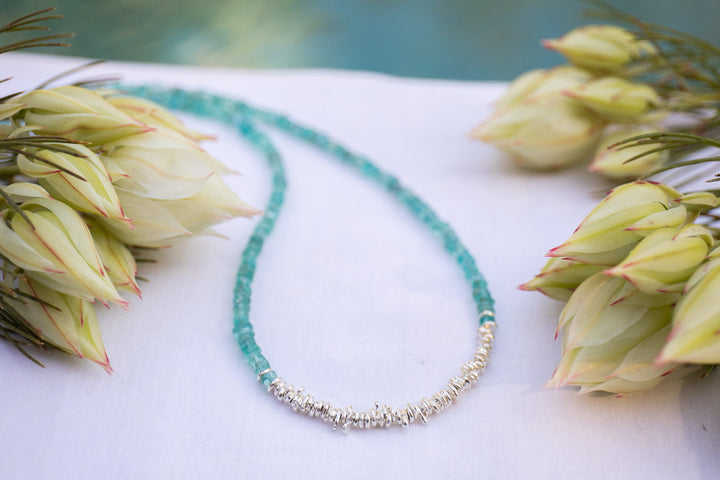 Beaded Apatite Necklace with Stack Thai Hill Tribe Silver Beads