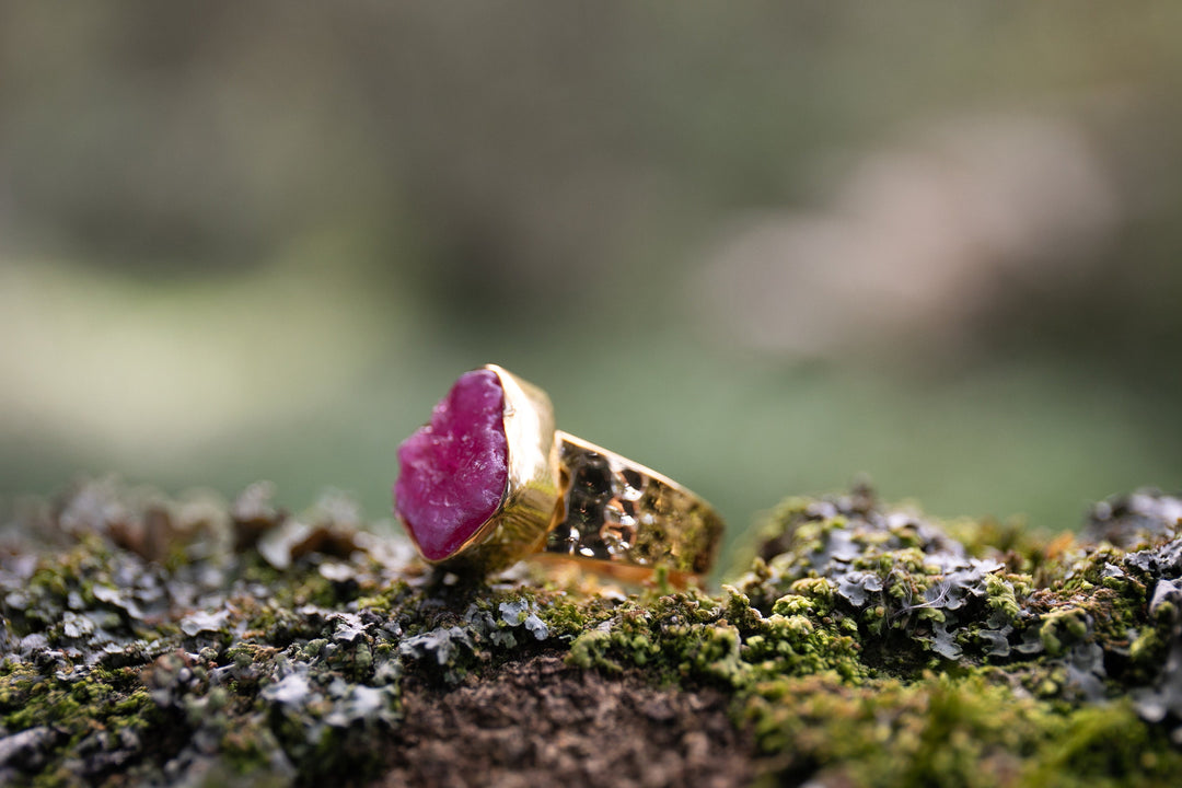 Genuine Raw Ruby Ring with Adjustable Beaten Gold Plated Sterling Silver Band