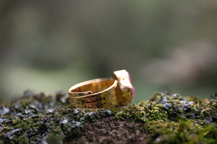 Genuine Raw Ruby Ring with Adjustable Beaten Gold Plated Sterling Silver Band